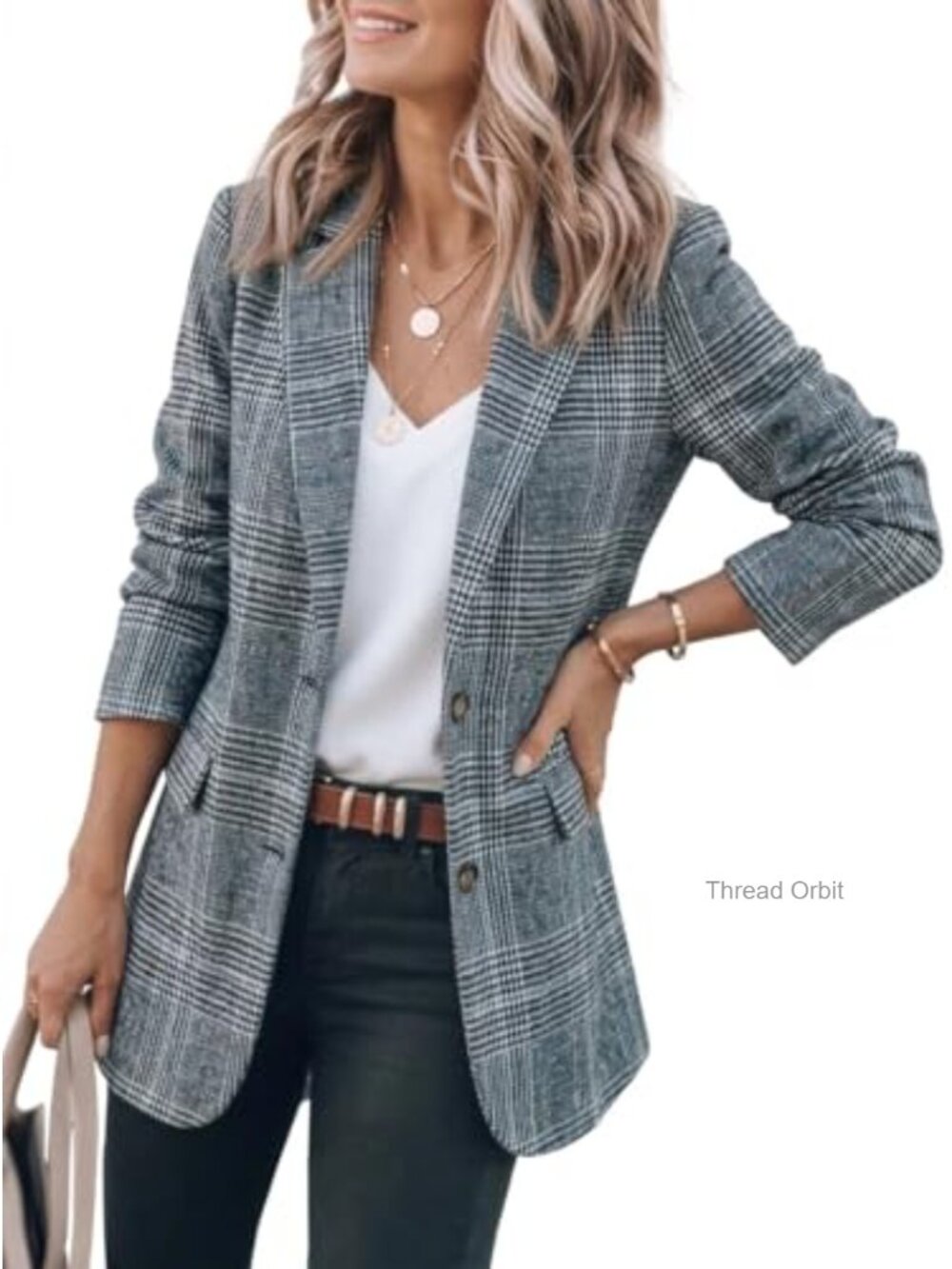 Womens Tweed Blazer Plaid Houndstooth Oversized Business Casual Suit Jacket